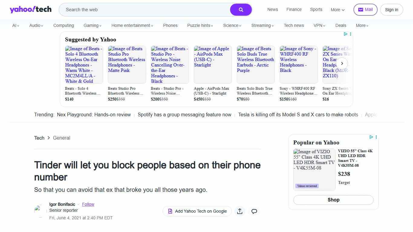 Tinder will let you block people based on their phone number